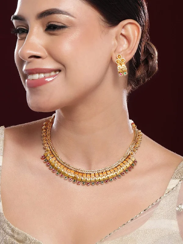 Dainty Floral Jewelry For Feminine Elegance Rubans 22K Gold-Plated Ruby & Emerald Stones Handcrafted Traditional Necklace Set Dainty Floral Jewelry For Feminine Elegance Rubans 22K Gold-Plated Ruby & Emerald Stones Handcrafted Traditional Necklace Set