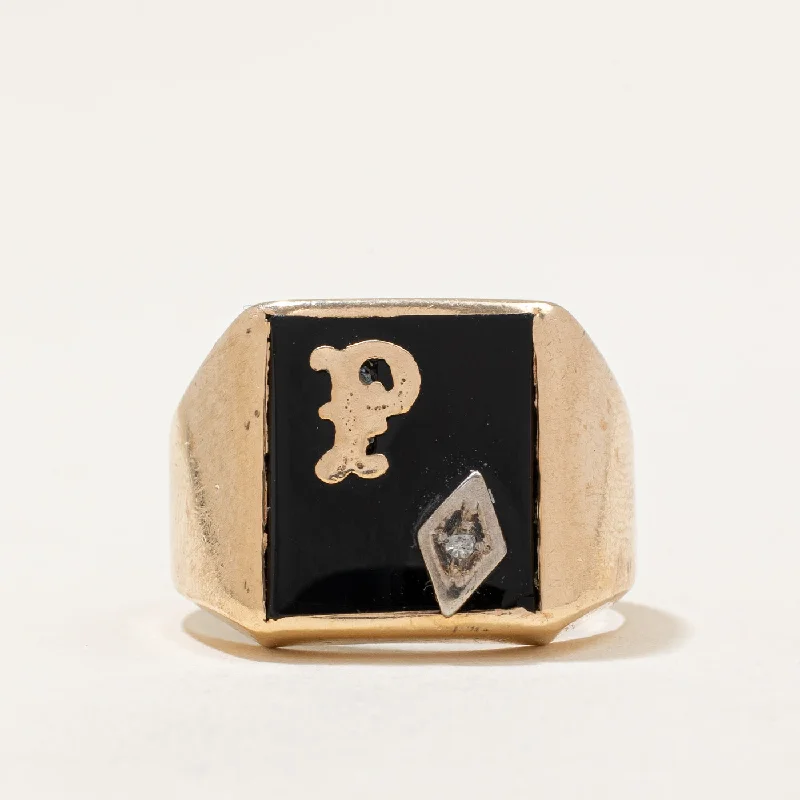 Elevate Your Outfit With Discounted Statement Jewelry Black Onyx & Diamond 'P' Signet Ring | 5.30ct, 0.01ct | SZ 7.5 | Elevate Your Outfit With Discounted Statement Jewelry Black Onyx & Diamond 'P' Signet Ring | 5.30ct, 0.01ct | SZ 7.5 |