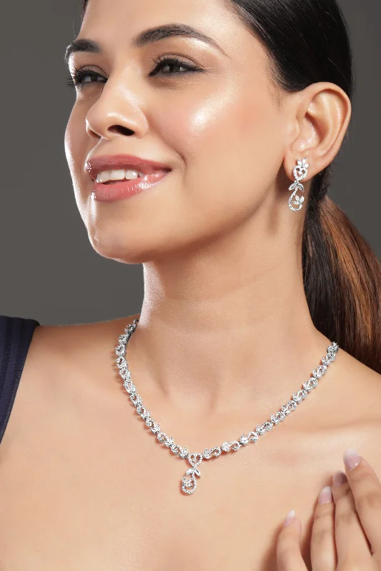 Waterproof Stainless Steel Jewelry For Lasting Beauty Rubans Rhodium-Plated White Cubic Zirconia Studded Leaf Motif Necklace Set Waterproof Stainless Steel Jewelry For Lasting Beauty Rubans Rhodium-Plated White Cubic Zirconia Studded Leaf Motif Necklace Set