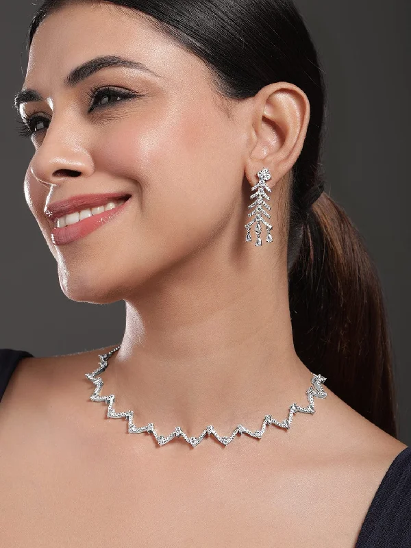 Romantic Heart-Shaped Jewelry For Special Gifts Rubans Rhodium-Plated White Cubic Zirconia Zigzag Design Necklace Set with Drop Earrings Romantic Heart-Shaped Jewelry For Special Gifts Rubans Rhodium-Plated White Cubic Zirconia Zigzag Design Necklace Set with Drop Earrings