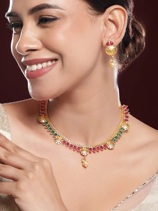 Delicate Crystal Jewelry For Sophisticated Charm Rubans 24K Gold-Plated Ruby Red & Emerald Green Kundan Studded Necklace Set with Pearl Drops Delicate Crystal Jewelry For Sophisticated Charm Rubans 24K Gold-Plated Ruby Red & Emerald Green Kundan Studded Necklace Set with Pearl Drops