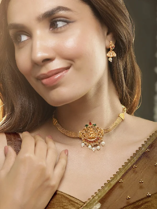 Timeless Jewelry At Special Discount Rates Rubans 22K Gold Plated Lakshmi Motif Ruby & Emerald Stones Pearl Choker Jewellery Set Timeless Jewelry At Special Discount Rates Rubans 22K Gold Plated Lakshmi Motif Ruby & Emerald Stones Pearl Choker Jewellery Set