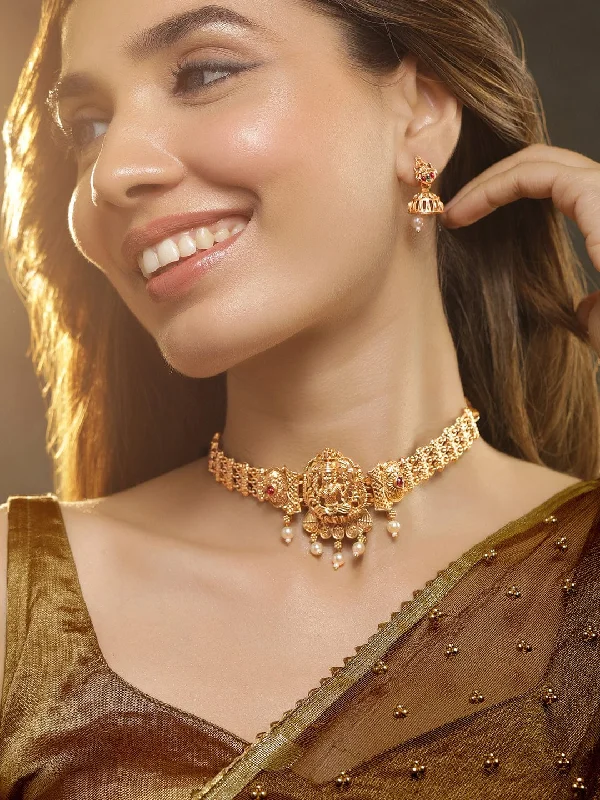 Elegant Designs, Unbeatable Discounts – Shop Jewelry Now Rubans 22K Gold Plated Lakshmi Motif Ruby Stones Studded Pearl Choker Jewellery Set Elegant Designs, Unbeatable Discounts – Shop Jewelry Now Rubans 22K Gold Plated Lakshmi Motif Ruby Stones Studded Pearl Choker Jewellery Set