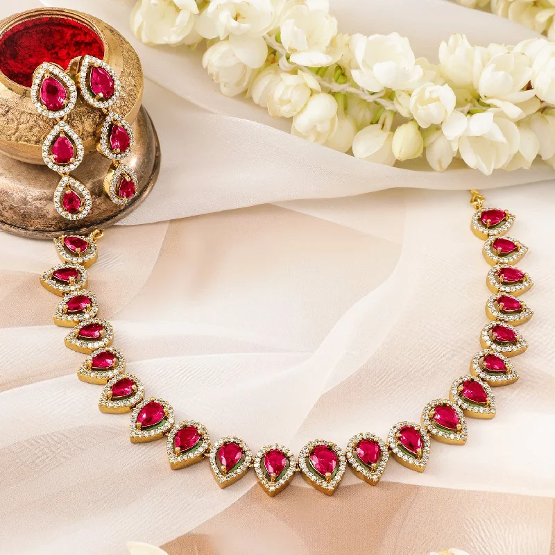 Exclusive Online Discounts On Stylish Jewelry Rubans 22K Gold-Plated Ruby Pink Stones & White Cubic Zirconia Handcrafted Necklace Set Exclusive Online Discounts On Stylish Jewelry Rubans 22K Gold-Plated Ruby Pink Stones & White Cubic Zirconia Handcrafted Necklace Set
