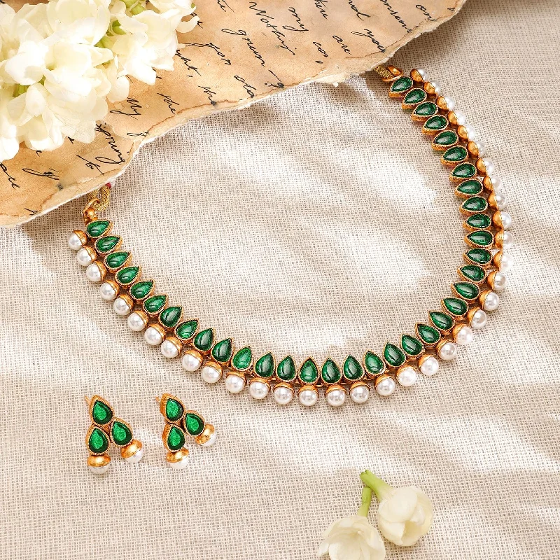 Luxury Jewelry Now At Special Promotional Rates Rubans 22K Gold-Plated Green Stone & Pearl Beaded Traditional Jewellery Set Luxury Jewelry Now At Special Promotional Rates Rubans 22K Gold-Plated Green Stone & Pearl Beaded Traditional Jewellery Set
