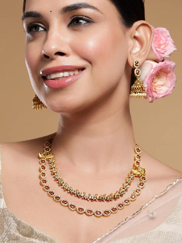 Bohemian-Inspired Jewelry For Free-Spirited Fashion Rubans 22K Gold-Plated Ruby, Emerald & Cubic Zirconia Studded Double Layer Jewellery Set Bohemian-Inspired Jewelry For Free-Spirited Fashion Rubans 22K Gold-Plated Ruby, Emerald & Cubic Zirconia Studded Double Layer Jewellery Set