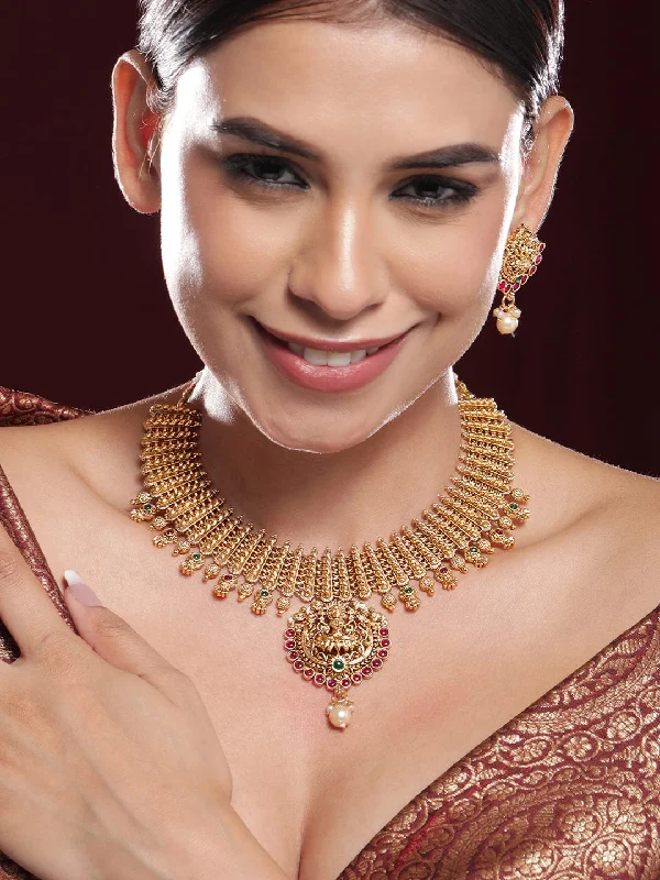 Adjustable Charm Bracelets For A Perfect Fit Rubans 22K Gold-Plated Ruby & Emerald Studded Lakshmi Temple Jewellery Set with Pearl Drop Adjustable Charm Bracelets For A Perfect Fit Rubans 22K Gold-Plated Ruby & Emerald Studded Lakshmi Temple Jewellery Set with Pearl Drop