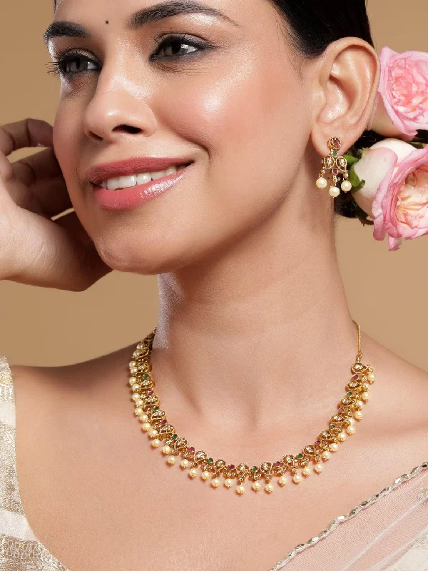 Affordable Gold-Plated Jewelry For Modern Fashion Rubans 22K Gold-Plated Ruby, Emerald & Zirconia Studded Necklace Set with Pearl Drops Affordable Gold-Plated Jewelry For Modern Fashion Rubans 22K Gold-Plated Ruby, Emerald & Zirconia Studded Necklace Set with Pearl Drops