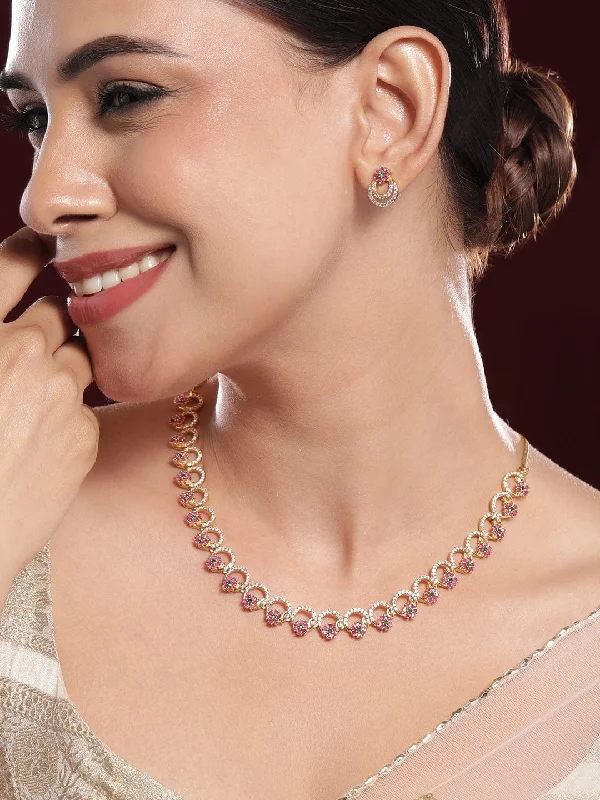 Upgrade Your Jewelry Collection For Less Rubans 22K Gold-Plated Ruby Pink & Emerald Green Stone Cubic Zirconia Necklace Set with Matching Earrings Upgrade Your Jewelry Collection For Less Rubans 22K Gold-Plated Ruby Pink & Emerald Green Stone Cubic Zirconia Necklace Set with Matching Earrings