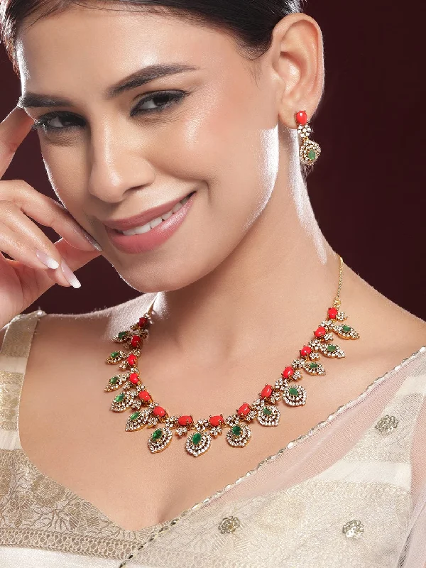 Modern Statement Jewelry For Bold Styling Rubans 22K Gold-Plated Orange & Emerald Light Green Stone with White Cubic Zirconia Handcrafted Jewellery Set Modern Statement Jewelry For Bold Styling Rubans 22K Gold-Plated Orange & Emerald Light Green Stone with White Cubic Zirconia Handcrafted Jewellery Set