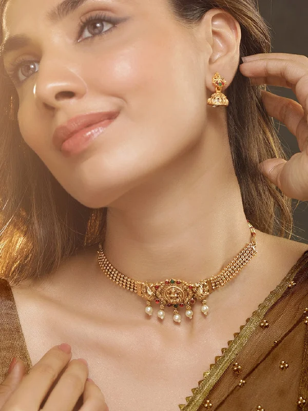 Chic, Trendy, And Affordable Jewelry Sale Rubans 22K Gold Plated Stone-Studded & Pearl Beaded Jewellery Set Chic, Trendy, And Affordable Jewelry Sale Rubans 22K Gold Plated Stone-Studded & Pearl Beaded Jewellery Set