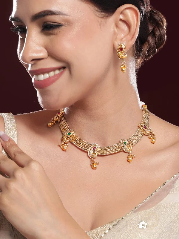 Exclusive Jewelry Sale – Limited-Time Discounts Rubans 22K Gold-Plated Ruby & Emerald Stone Handcrafted Necklace Set with Golden Beads Exclusive Jewelry Sale – Limited-Time Discounts Rubans 22K Gold-Plated Ruby & Emerald Stone Handcrafted Necklace Set with Golden Beads