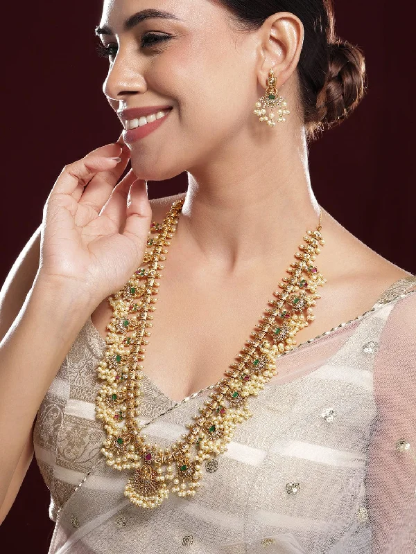 Breathtaking Jewelry At Limited-Time Savings Rubans 22K Gold-Plated Green & Pink Stone Cubic Zirconia Studded Temple Jewellery Set with Pearls Breathtaking Jewelry At Limited-Time Savings Rubans 22K Gold-Plated Green & Pink Stone Cubic Zirconia Studded Temple Jewellery Set with Pearls