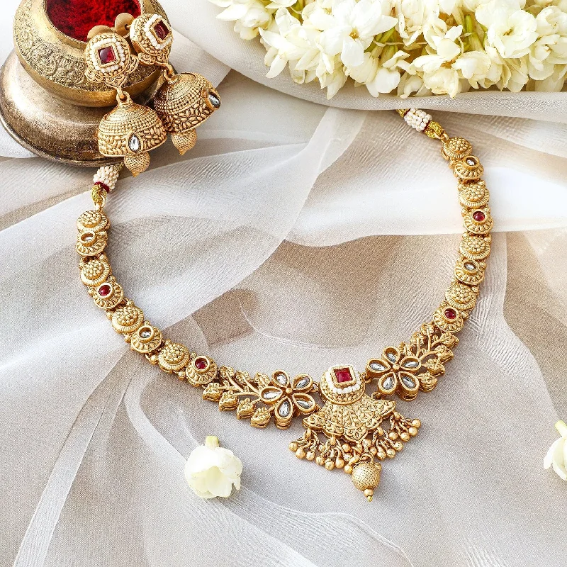 Elevate Your Jewelry Collection With Limited-Time Savings Rubans 24K Gold-Plated Ruby & Kundan Studded Floral Design Traditional Necklace Set with Jhumkas Elevate Your Jewelry Collection With Limited-Time Savings Rubans 24K Gold-Plated Ruby & Kundan Studded Floral Design Traditional Necklace Set with Jhumkas