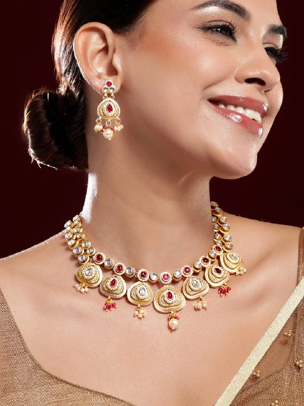 Seasonal Jewelry Sale – Upgrade Your Collection Rubans 22K Gold-Plated Ruby Pink & White Kundan Studded Traditional Necklace Set with Pearl Drops Seasonal Jewelry Sale – Upgrade Your Collection Rubans 22K Gold-Plated Ruby Pink & White Kundan Studded Traditional Necklace Set with Pearl Drops
