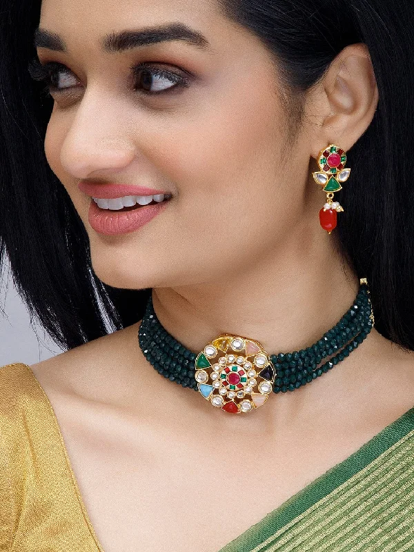Discounted Luxury Jewelry – Shine Without The Splurge Rubans Gold-Plated & Green Stone-Studded Jewellery Set Discounted Luxury Jewelry – Shine Without The Splurge Rubans Gold-Plated & Green Stone-Studded Jewellery Set