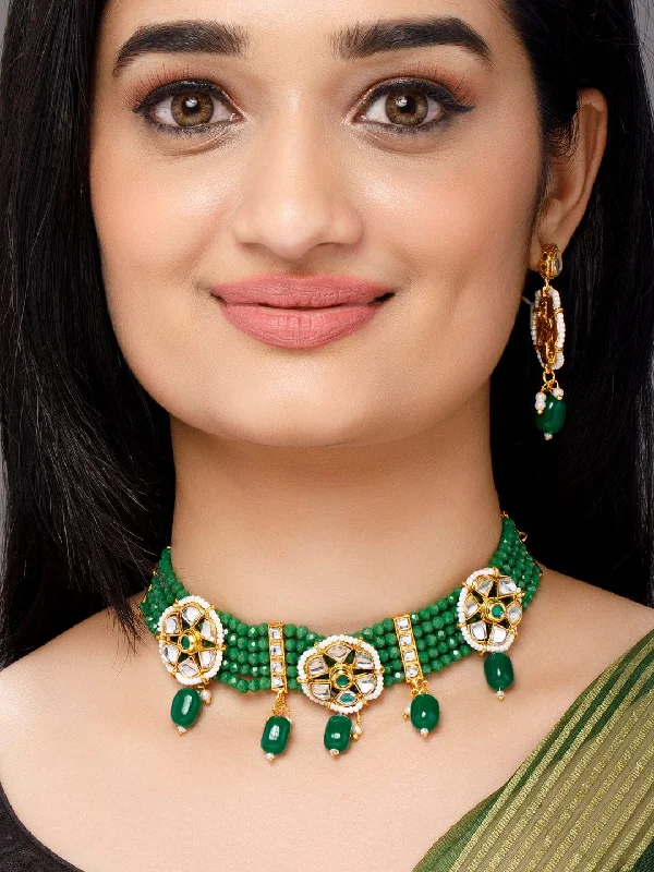 Exclusive Jewelry Bundles At Discounted Rates Rubans Gold-Toned White Kundan-Studded Green Beaded Jewellery Set Exclusive Jewelry Bundles At Discounted Rates Rubans Gold-Toned White Kundan-Studded Green Beaded Jewellery Set
