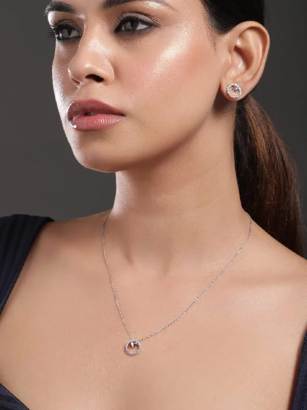 Handcrafted Beauty At Affordable Prices Rubans Rhodium-Plated AD & Cubic Zirconia Studded Circle Heart Charm Pendant Necklace Set Handcrafted Beauty At Affordable Prices Rubans Rhodium-Plated AD & Cubic Zirconia Studded Circle Heart Charm Pendant Necklace Set