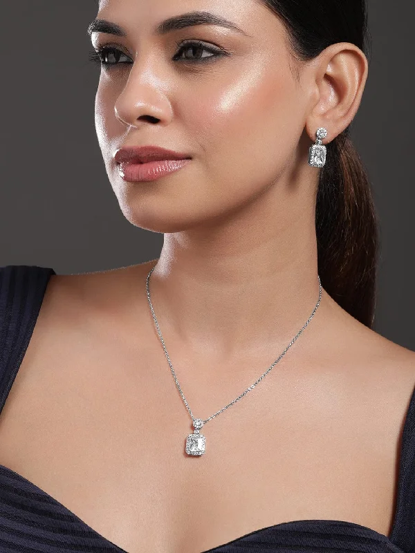 Make Your Outfit Shine With Discounted Jewelry Rubans Rhodium Plated Ad & Cubic Zirconia Studded Premium Pendant Necklace Set Make Your Outfit Shine With Discounted Jewelry Rubans Rhodium Plated Ad & Cubic Zirconia Studded Premium Pendant Necklace Set