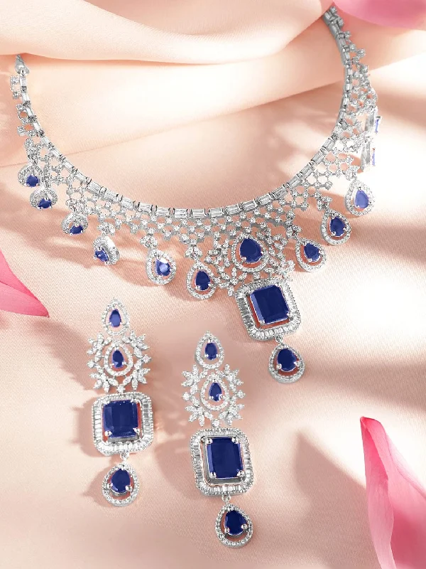 Discover Unique Jewelry With Special Limited-Time Offers Rubans Rhodium-Plated Blue Sapphire & White Cubic Zirconia Handcrafted Premium Jewellery Set Discover Unique Jewelry With Special Limited-Time Offers Rubans Rhodium-Plated Blue Sapphire & White Cubic Zirconia Handcrafted Premium Jewellery Set