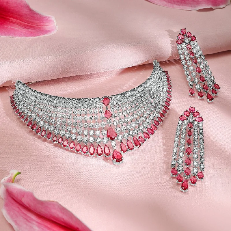 Luxury Jewelry Sale – Sparkle For Less Rubans Rhodium-Plated Ruby & AAA Cubic Zirconia Studded Premium Choker Jewellery Set Luxury Jewelry Sale – Sparkle For Less Rubans Rhodium-Plated Ruby & AAA Cubic Zirconia Studded Premium Choker Jewellery Set