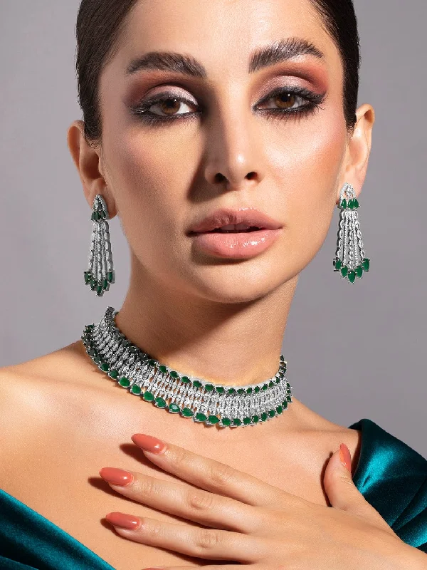 Classic And Modern Jewelry Styles On Sale Rubans Rhodium-Plated Emerald Green & White Cubic Zirconia Studded Choker Necklace Set Classic And Modern Jewelry Styles On Sale Rubans Rhodium-Plated Emerald Green & White Cubic Zirconia Studded Choker Necklace Set