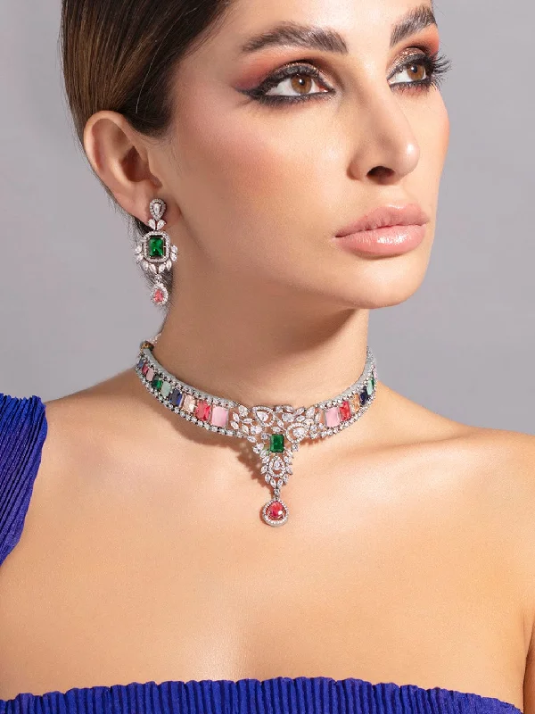 Luxury Jewelry Clearance – Shop Premium Styles Now Rubans Rhodium-Plated Multicolor Gemstone & Cubic Zirconia Studded Choker Necklace Set Luxury Jewelry Clearance – Shop Premium Styles Now Rubans Rhodium-Plated Multicolor Gemstone & Cubic Zirconia Studded Choker Necklace Set