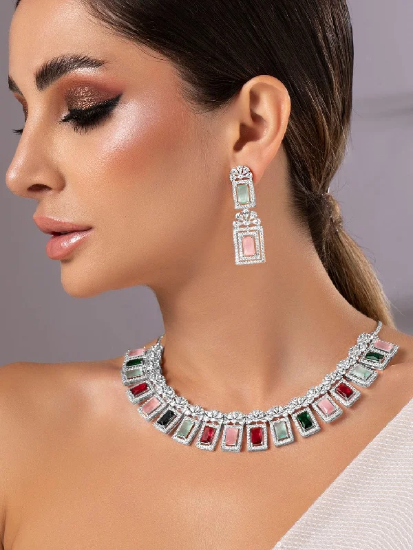Shop Fine Jewelry With Amazing Deals Rubans Rhodium-Plated Multicolor Gemstone & Cubic Zirconia Studded Statement Jewellery Set Shop Fine Jewelry With Amazing Deals Rubans Rhodium-Plated Multicolor Gemstone & Cubic Zirconia Studded Statement Jewellery Set