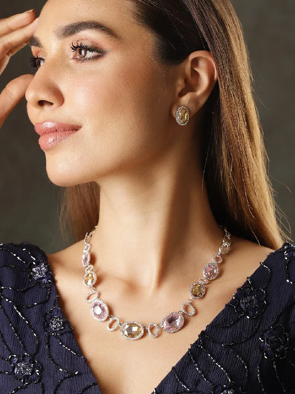 Elegant Jewelry, Exclusive Prices – Shop Now Rubans Rhodium Plated Pink & Golden Oval Cubic Zirconia Studded Statement Necklace Set Elegant Jewelry, Exclusive Prices – Shop Now Rubans Rhodium Plated Pink & Golden Oval Cubic Zirconia Studded Statement Necklace Set