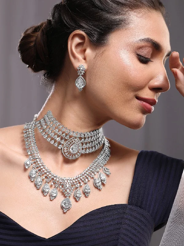 Limited-Time Offer On Premium Jewelry Collections Rubans Set of 2 Silver-Plated AAA Cubic Zirconia Studded Dual-Layer Choker & Necklace Set Limited-Time Offer On Premium Jewelry Collections Rubans Set of 2 Silver-Plated AAA Cubic Zirconia Studded Dual-Layer Choker & Necklace Set