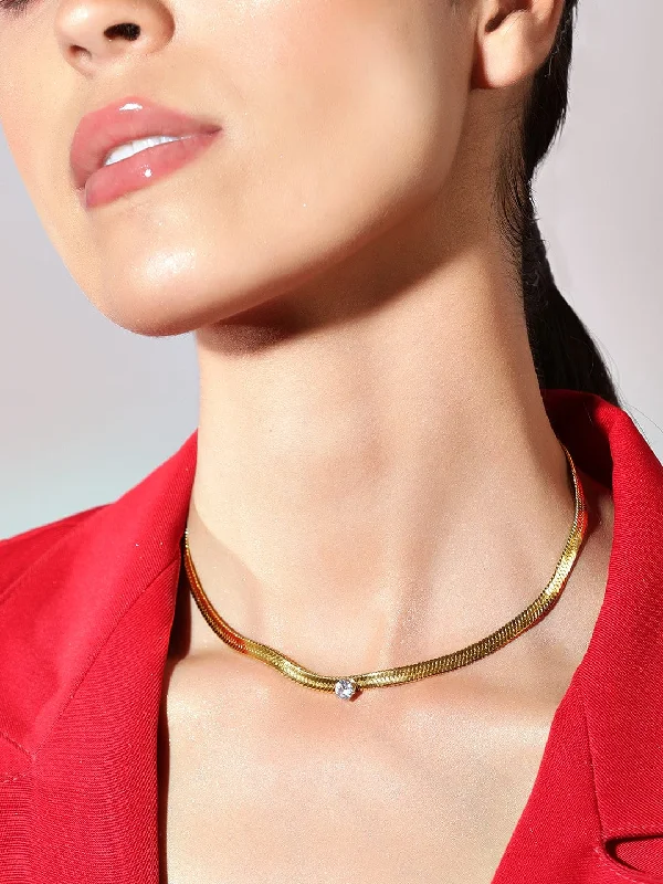 Discounted Luxury Jewelry – Shine Without The Splurge Rubans Voguish 18K Gold Plated Stainless Steel Waterproof Snake Chain With A Solitaire Zircon Studded Choker. Discounted Luxury Jewelry – Shine Without The Splurge Rubans Voguish 18K Gold Plated Stainless Steel Waterproof Snake Chain With A Solitaire Zircon Studded Choker.