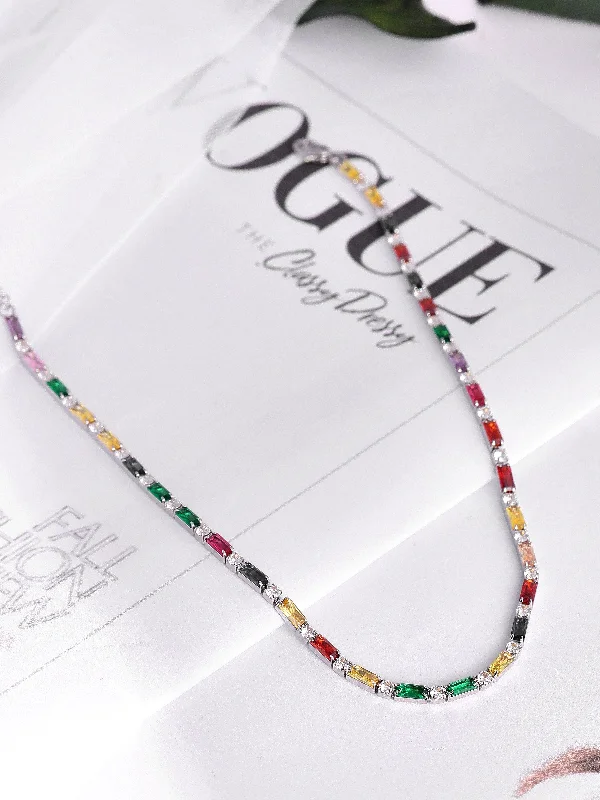 Affordable Glamour – Premium Jewelry At Special Prices Rubans Voguish Rhodium Plated Stainless Steel Waterproof Multicoloured Zircons Studded Tennis Necklace. Affordable Glamour – Premium Jewelry At Special Prices Rubans Voguish Rhodium Plated Stainless Steel Waterproof Multicoloured Zircons Studded Tennis Necklace.