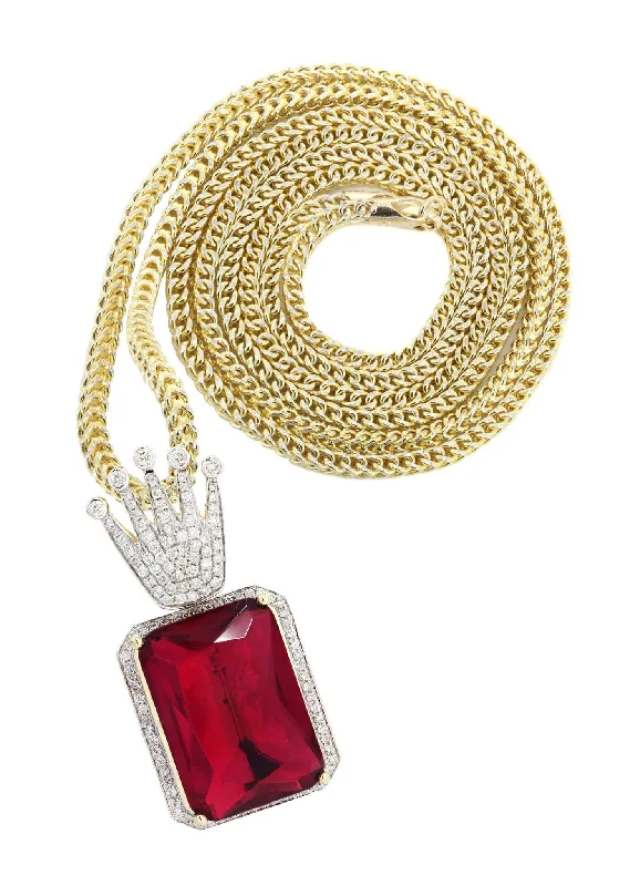 Shop Dazzling Jewelry With Special Promotional Discounts 14K Yellow Gold Ruby Crown Diamond Necklace | 1.14K Carats Shop Dazzling Jewelry With Special Promotional Discounts 14K Yellow Gold Ruby Crown Diamond Necklace | 1.14K Carats