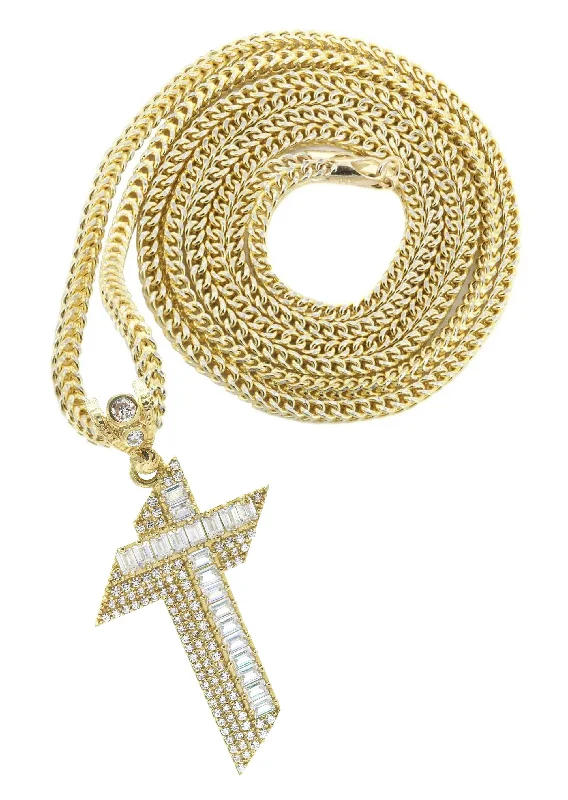 Sparkle For Less – Shop Our Limited-Time Jewelry Deals 10K Yellow Gold Baguette Cross Necklace | Appx. 15 Grams Sparkle For Less – Shop Our Limited-Time Jewelry Deals 10K Yellow Gold Baguette Cross Necklace | Appx. 15 Grams