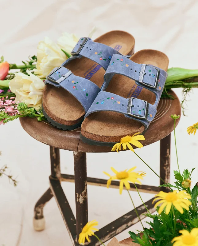 Statement Fashion Offers BIRKENSTOCK Arizona with Hand Painted Tooled Vine. -- Dusty Blue Oiled Leather with Multi