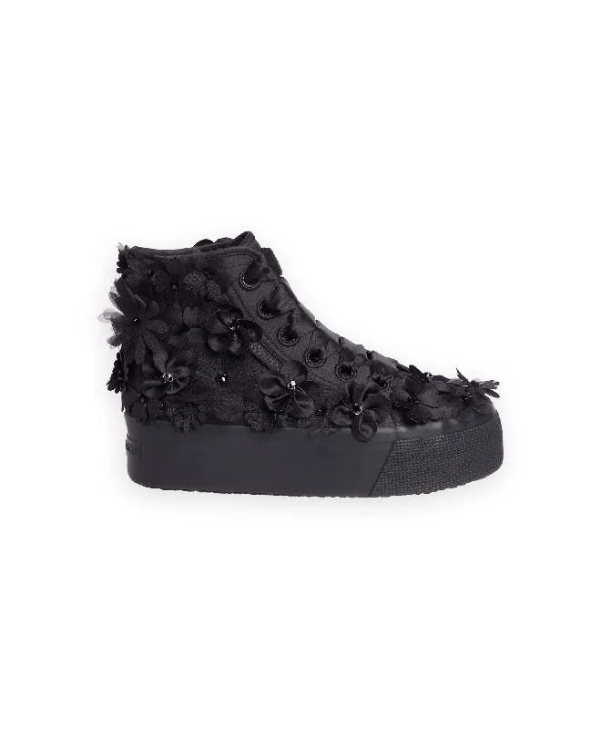 Breathable Shoes Discount SUPERGA BLACK FLOWERS PLATFORM SNEAKER