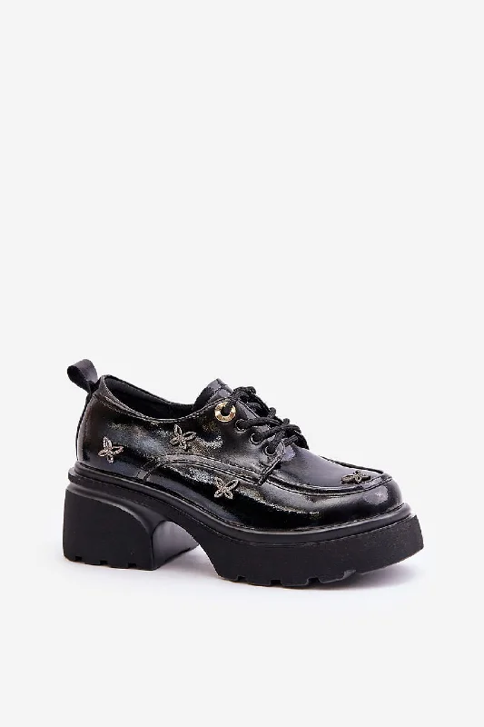 Chic Styles Step In Style Rhinestone Butterly Leather Platform Loafers In Black