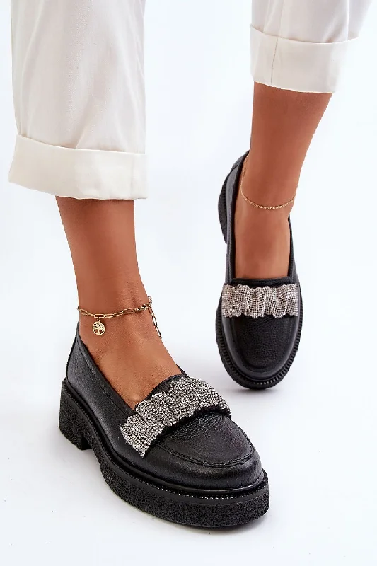 Pastel Styles Step In Style Leather Rhinestone Accent Moccasin Loafers In Black