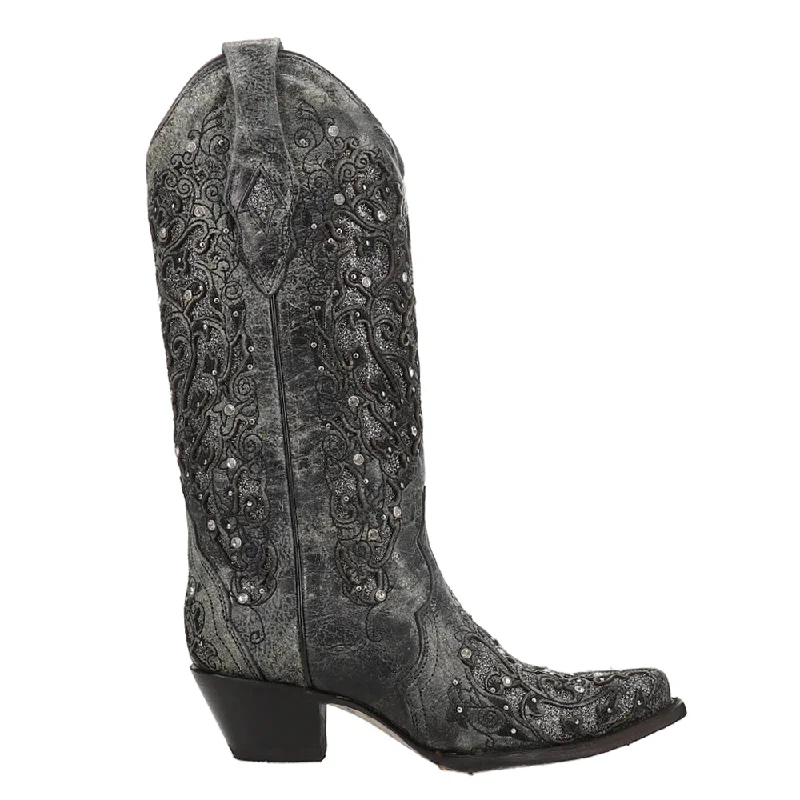 Stylish Statements Studded Tooled-Inlay Snip Toe Cowboy Boots