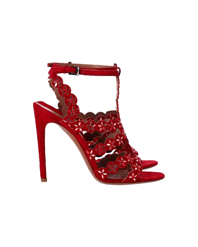 Contemporary Casual Footwear Alaïa Mirror-Embellished Sandals in Red Suede