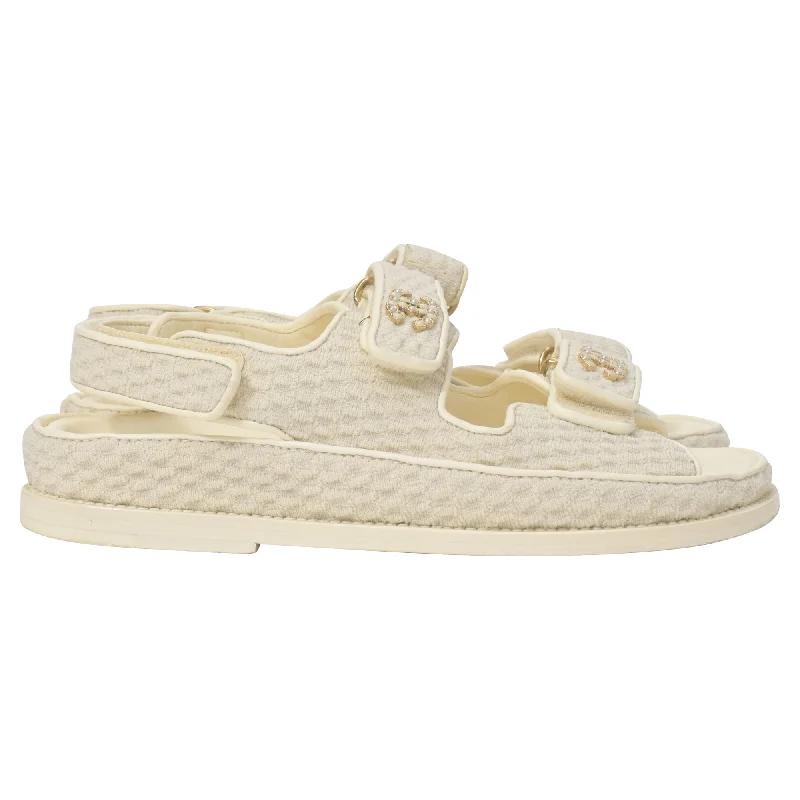 Unleash Your Style Chanel Velcro Dad Sandals in Cream Knit Fabric