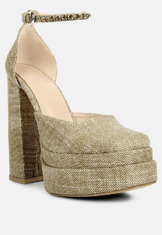 Style Revolution COSETTE Diamante Embellished Ankle Strap High Block Heel Sandals in Beige