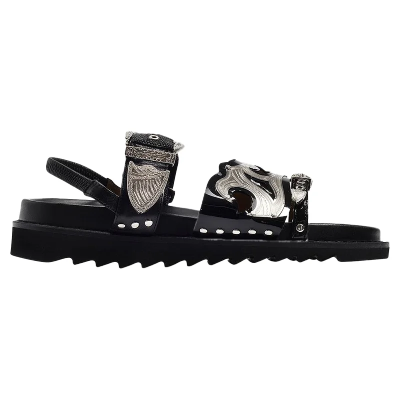 Big Savings Flat Sandals in Black Leather with Metallic Straps