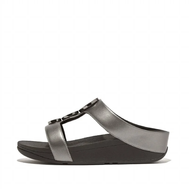 Massive Savings Halo Bead-Circle Metallic H-Bar Slide Sandal In Pewter Black