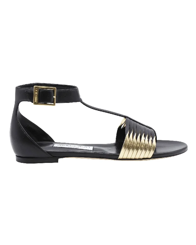 Swimwear Summer Blowout Jimmy Choo Ladle Flat Sandals in Black and Gold Leather