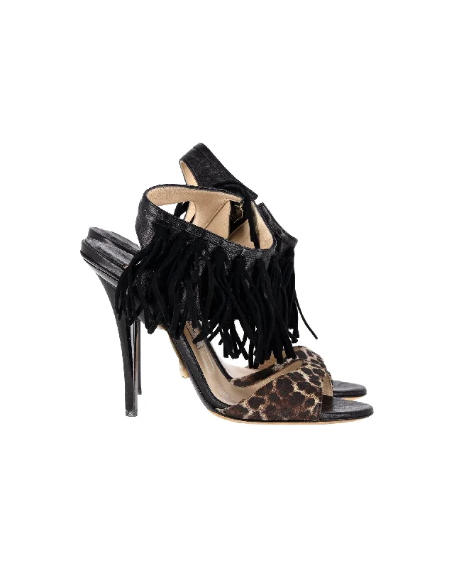 Latest Fashion Jimmy Choo Leopard-Print Fringe Sandals in Black Leather