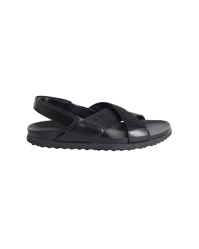 Limited Time Offers Prada Logo Strap Crisscross Sandals in Black Leather