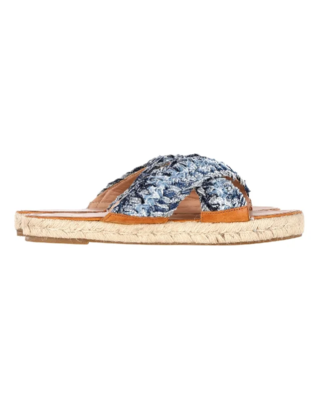 The Good Stuff RED (V) Valentino Leather Trimmed Distressed Braided Espadrille Slides in Blue Denim