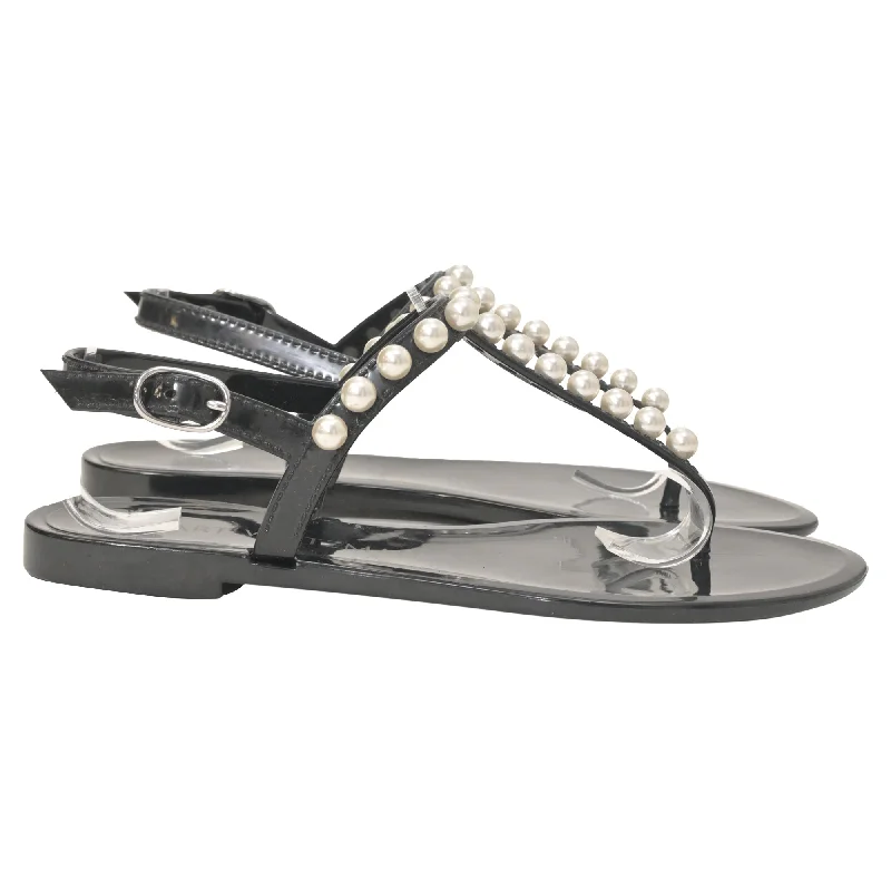 Trendy Threads Stuart Weitzman Goldie Faux-Pearl-Embellished Jelly Sandals in Black Rubber