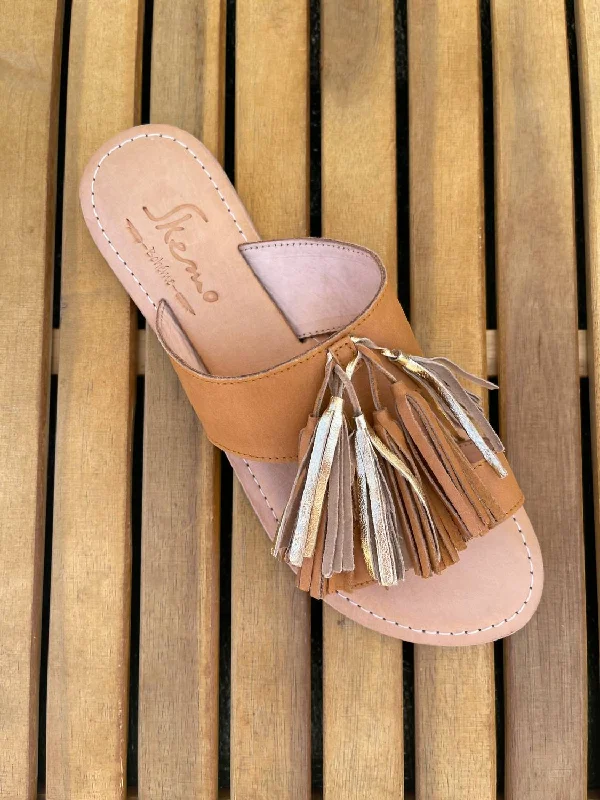 Exclusive Designer Shoes Sale Tassel Slide Sandals In Camel W/ Gold